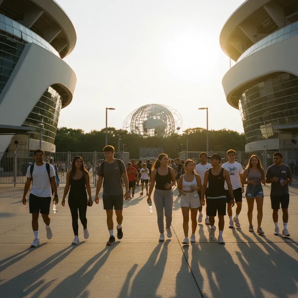 Crowds arriving at a major tennis stadium in Flushing Meadows at golden hour