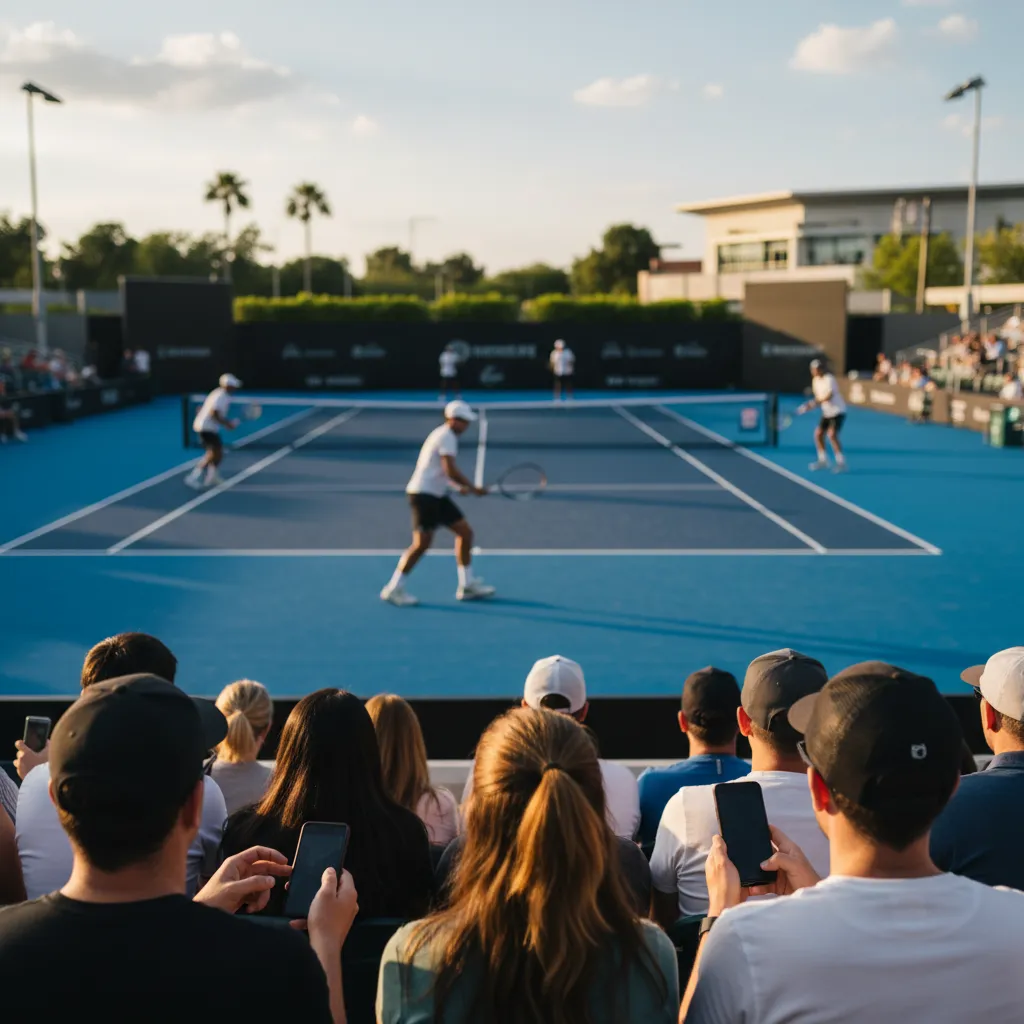 Spectators watching a public practice session at a blue hard-court tennis complex