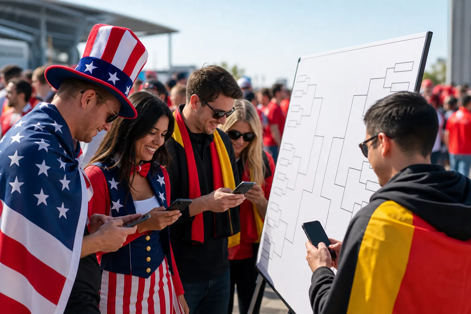 Bright realistic fans checking USA vs Belgium World Cup bracket