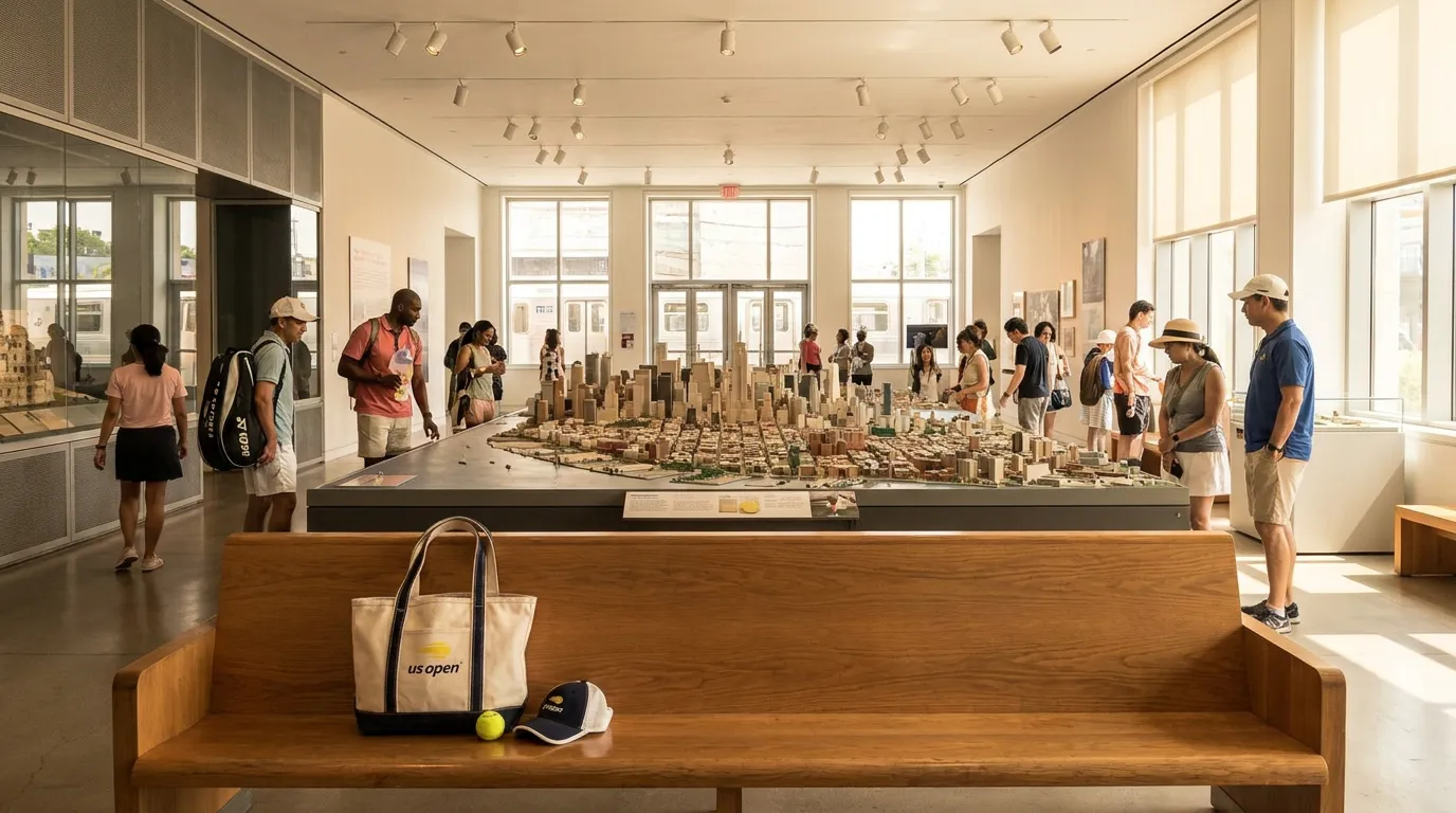 Photorealistic US Open tennis scene for US Open and Queens Museum Pairing Guide.