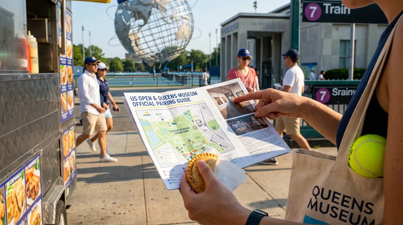 Photorealistic tennis scene illustrating US Open and Queens Museum Pairing Guide.