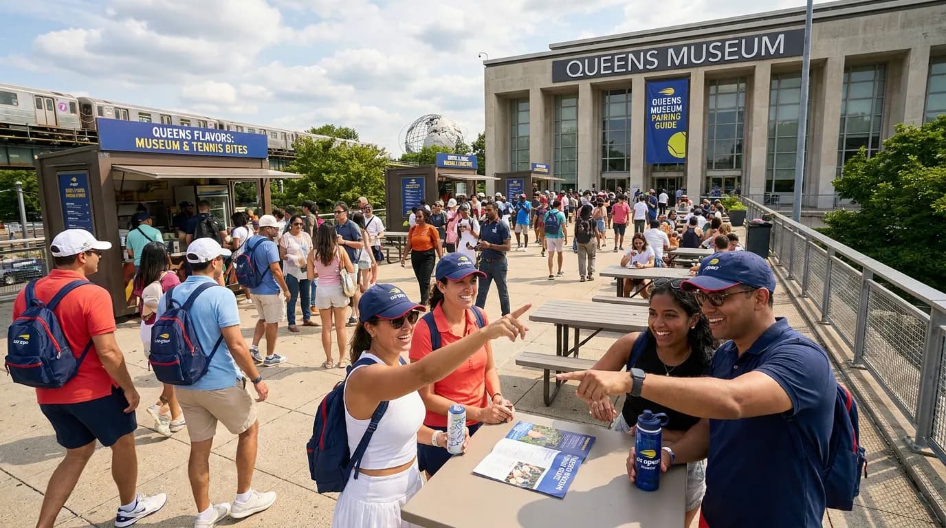 Bright US Open tennis atmosphere illustrating US Open and Queens Museum Pairing Guide.