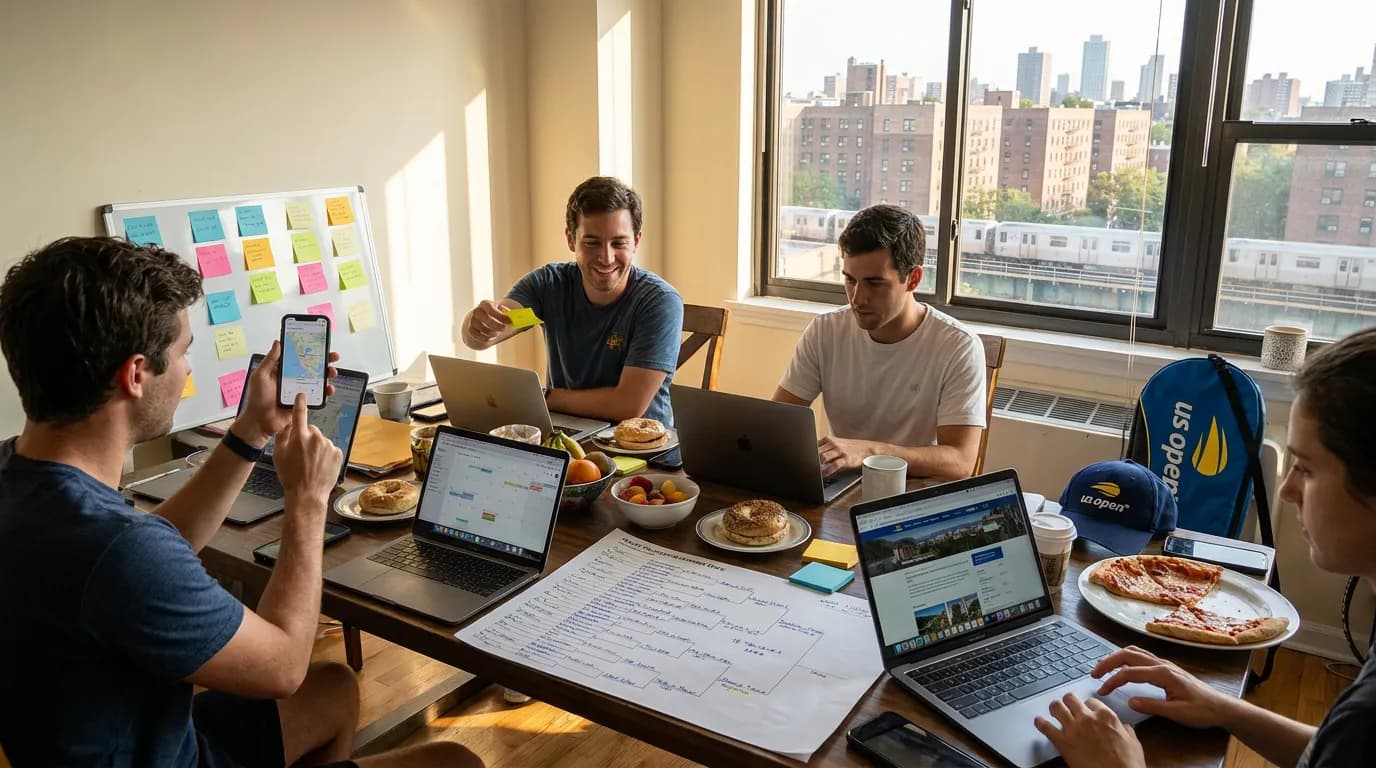 Photorealistic US Open tennis scene for US Open Group Trip Planning Without Chaos.