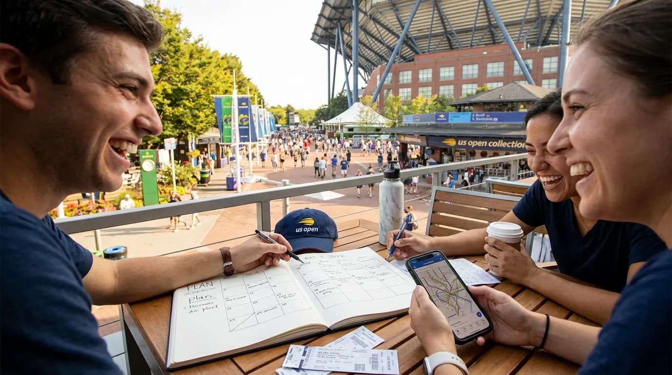 Photorealistic tennis scene illustrating US Open Group Trip Planning Without Chaos.
