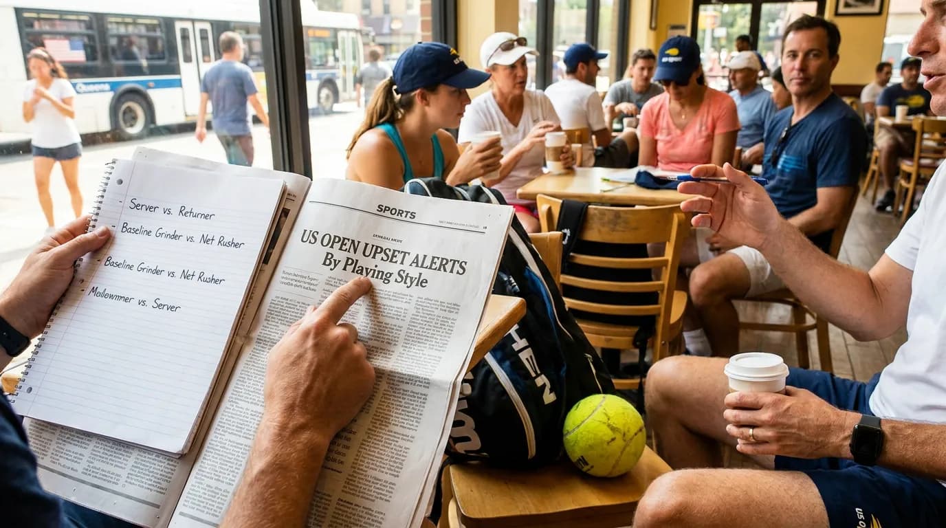 Photorealistic tennis scene illustrating US Open Upset Alerts by Playing Style.