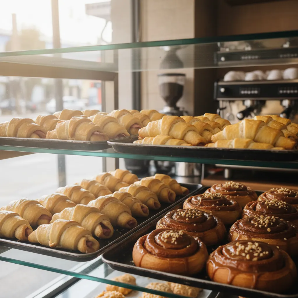 Venezuelan bakery display case in Miami filled with golden cachitos and syrup-glazed golfeados in morning light