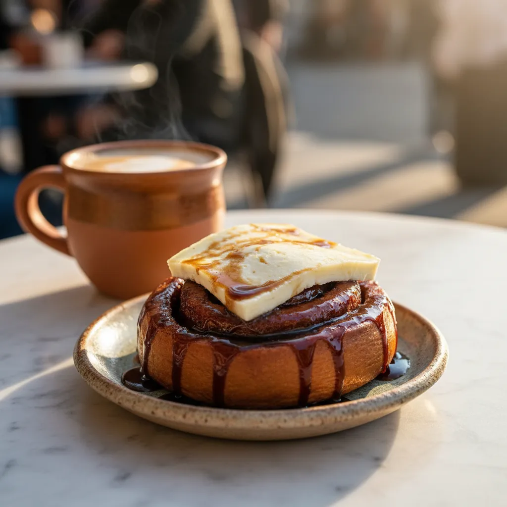 Golfeado sticky bun glazed with papelon syrup and topped with melting white cheese beside a cafe con leche