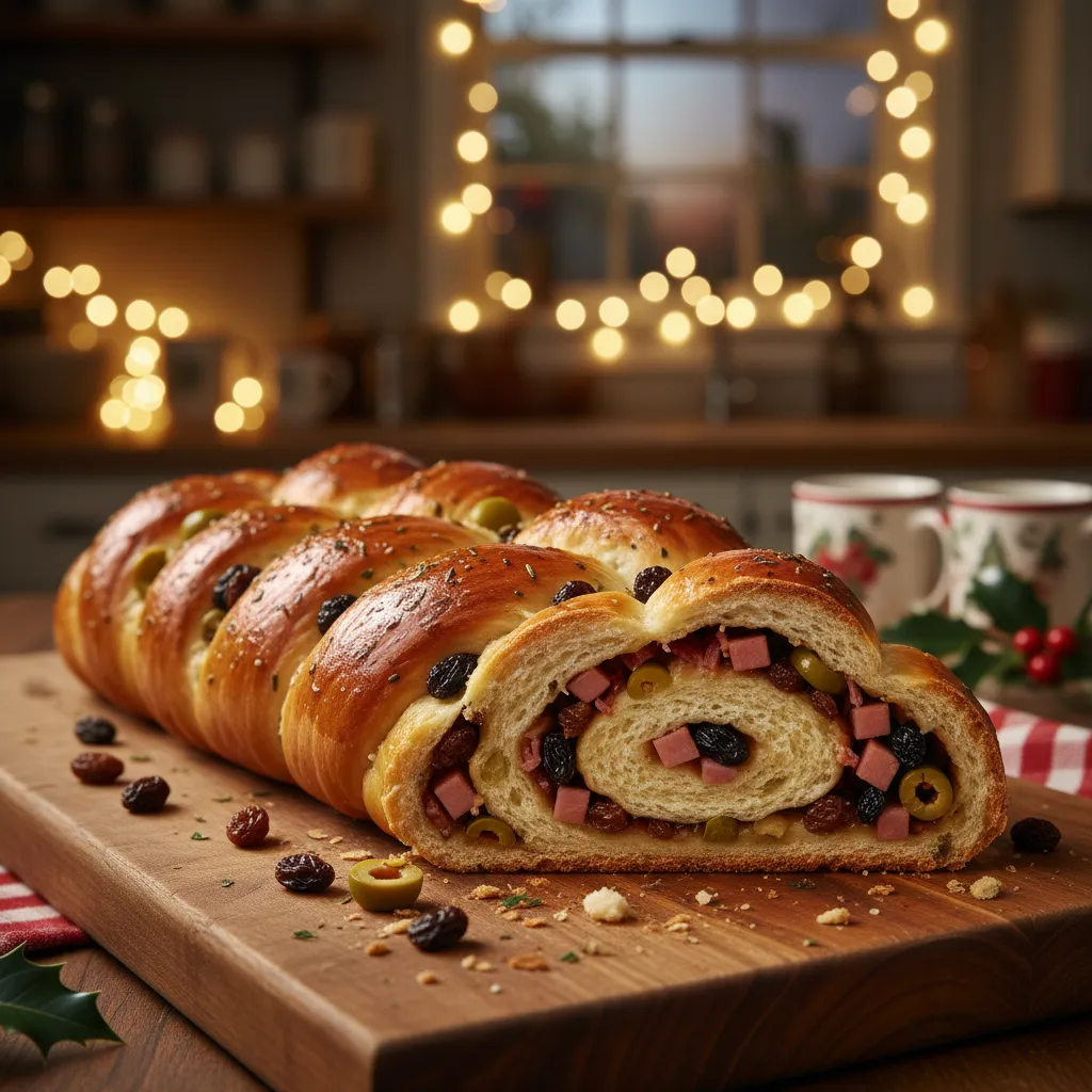 Sliced pan de jamon loaf showing the swirl of ham, olives, and raisins on a wooden board