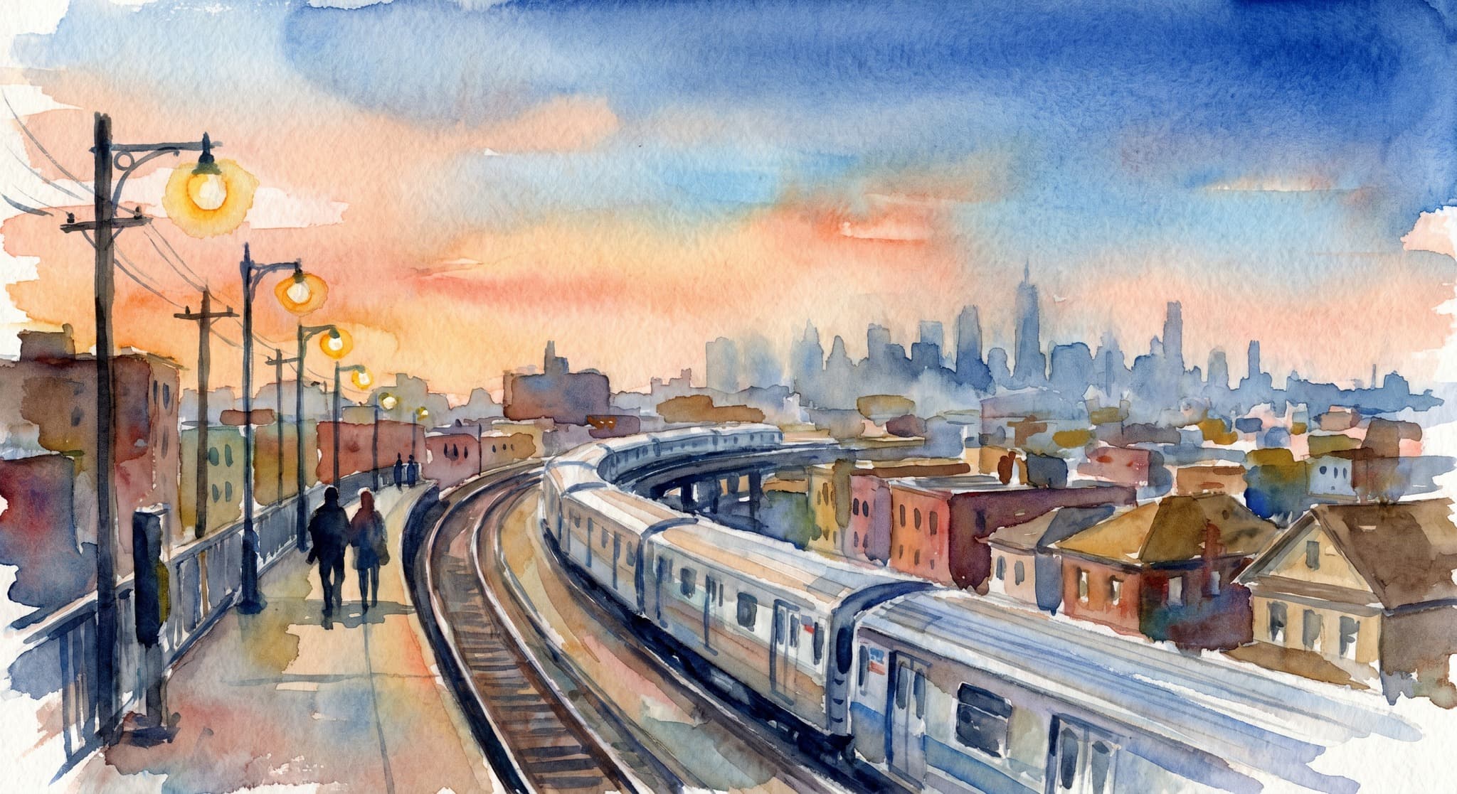 AI-generated watercolor: wide elevated view of the 7-train tracks running through Queens at golden hour, looking east — the silver-and-blue train cars on raised steel viaduct curving away through low-rise Queens neighborhoods, a soft blur of distant Manhattan skyscrapers behind, two silhouetted pedestrians walking parallel to the tracks on a sidewalk below, telephone poles, a few palm-of-light street lamps coming on, warm peach western sky fading to cobalt above