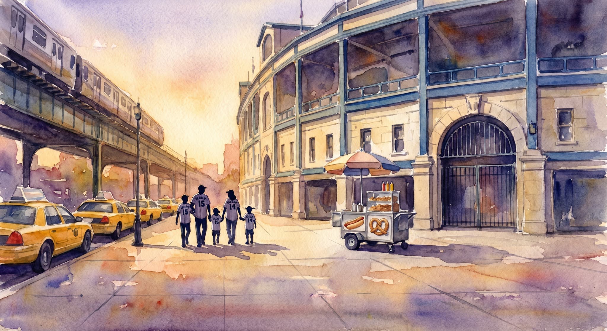 AI-generated watercolor: view from outside the gates of an old-school New York baseball stadium — a Yankee Stadium-style limestone-and-blue stadium exterior at the right edge of frame, the wide concrete plaza outside the gate, a vendor cart with hot dogs and pretzels, a small silhouetted family in matching jerseys walking toward the entrance, a row of yellow cabs lined along the curb, late golden-hour light, the elevated 4-train tracks visible in the upper left