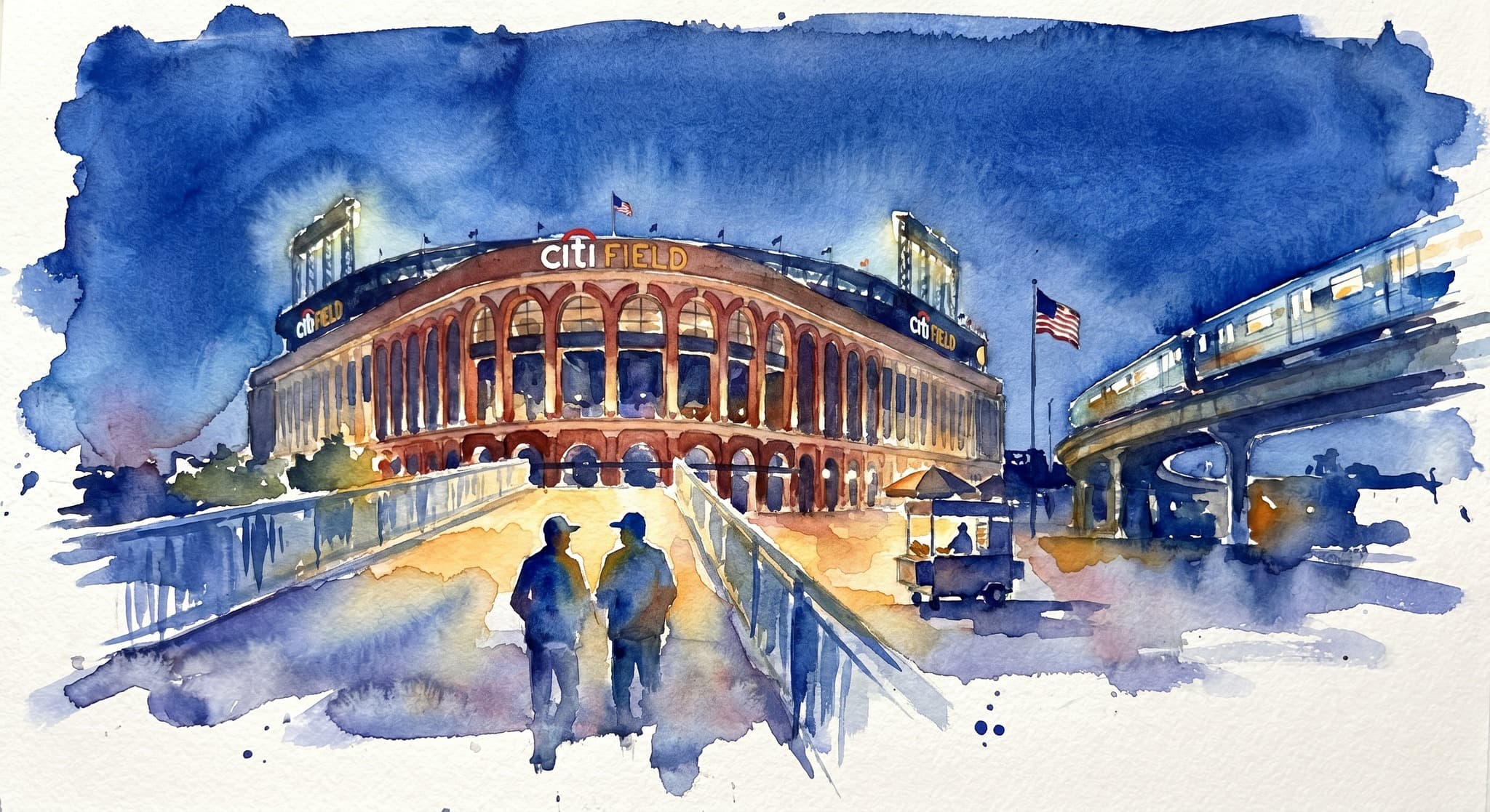 AI-generated watercolor: the approach to a modern New York ballpark at blue hour — Citi Field-style brick facade with rounded arches in the background, a wide concrete pedestrian bridge crossing in from the 7-train station on the left, the elevated 7-train just visible departing right, two silhouetted figures in baseball caps walking toward the entrance, a single peanut-vendor cart, an American flag, deep cobalt sky with the stadium lights just coming on