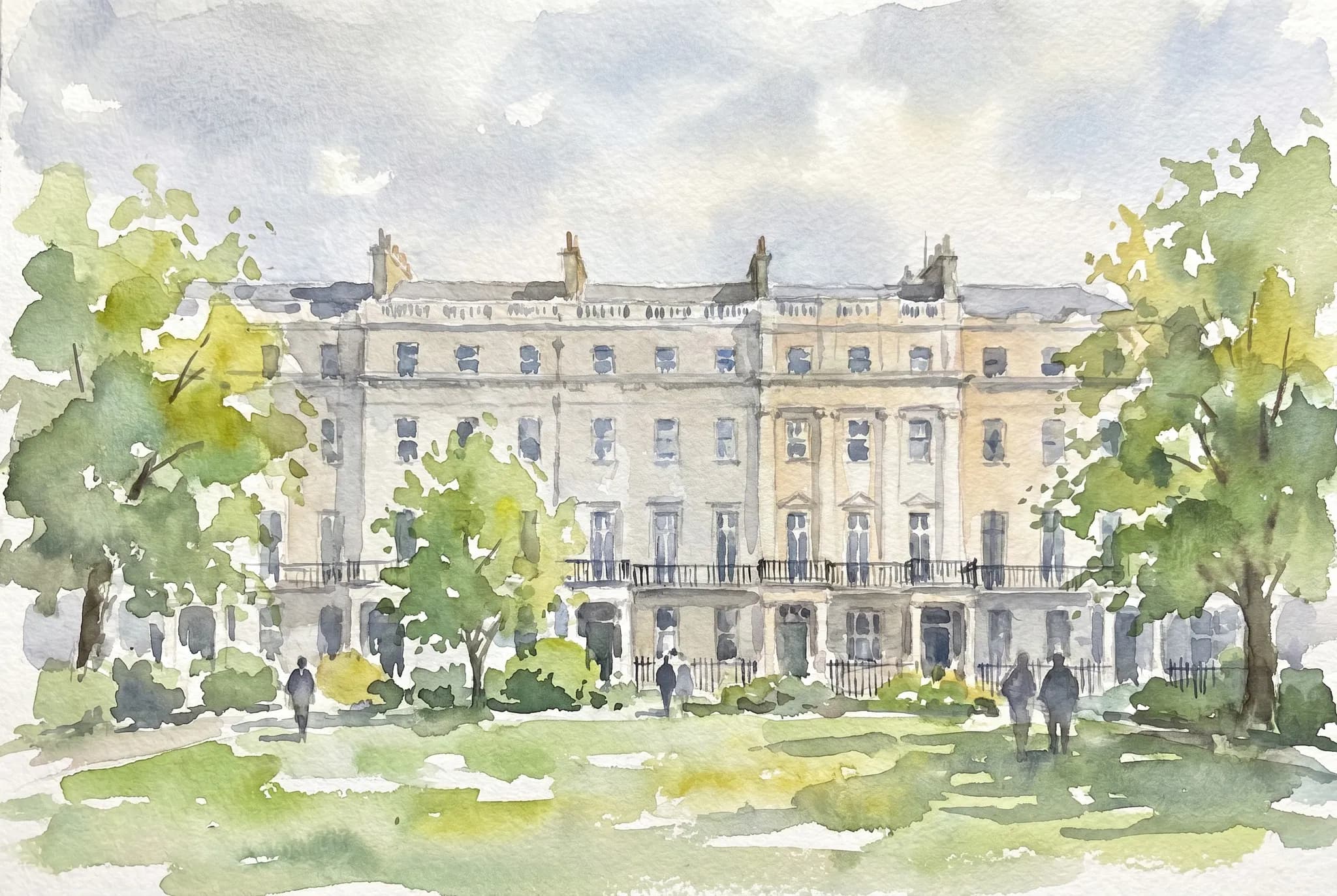 AI-generated watercolor: Hertford House on Manchester Square in Marylebone London, viewed from the leafy garden square, Georgian cream-stucco facade with symmetrical sash windows, spring plane trees, silhouetted pedestrians, soft grey-blue London sky
