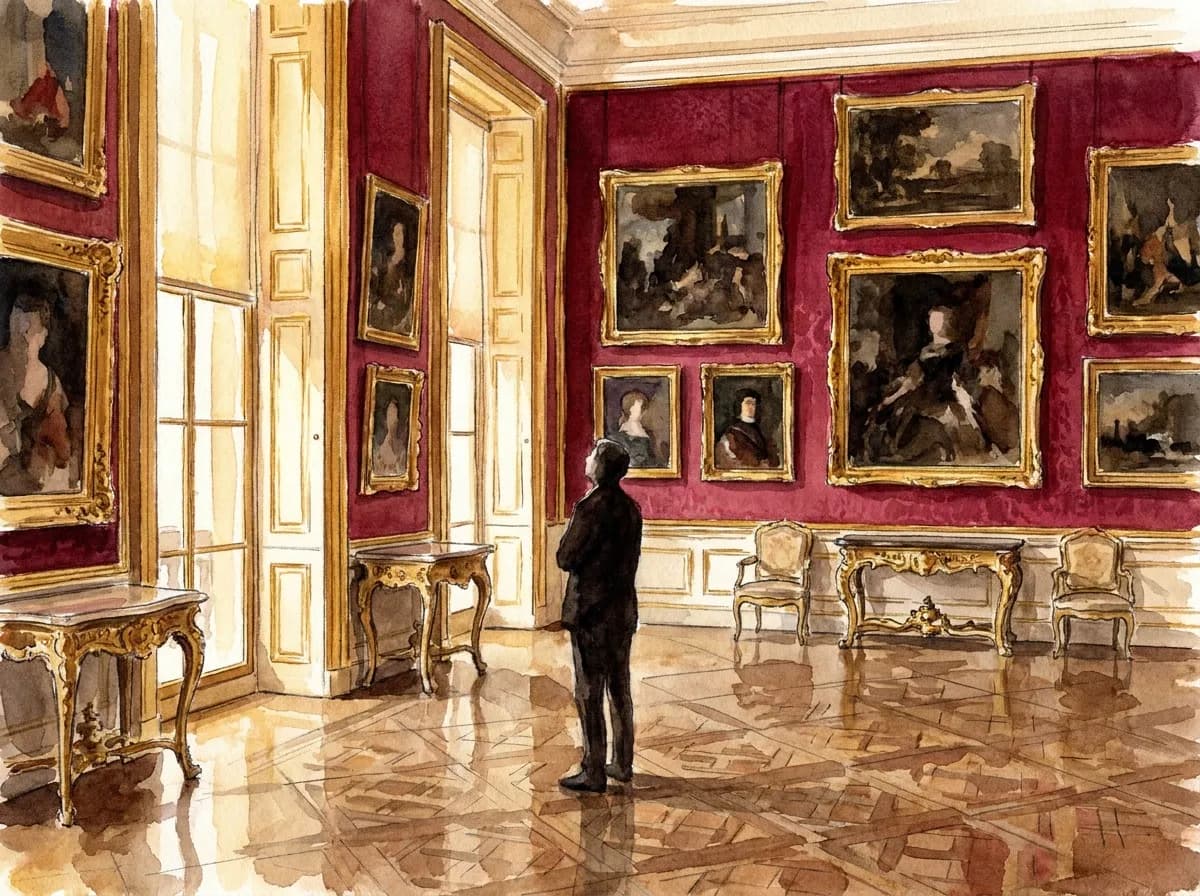 AI-generated watercolor: interior gallery of the Wallace Collection London, high-ceilinged room with floor-to-ceiling gilded-framed Old Master paintings on deep crimson walls, parquet floor, Louis XV gilded furniture, two silhouetted visitors looking up at the works