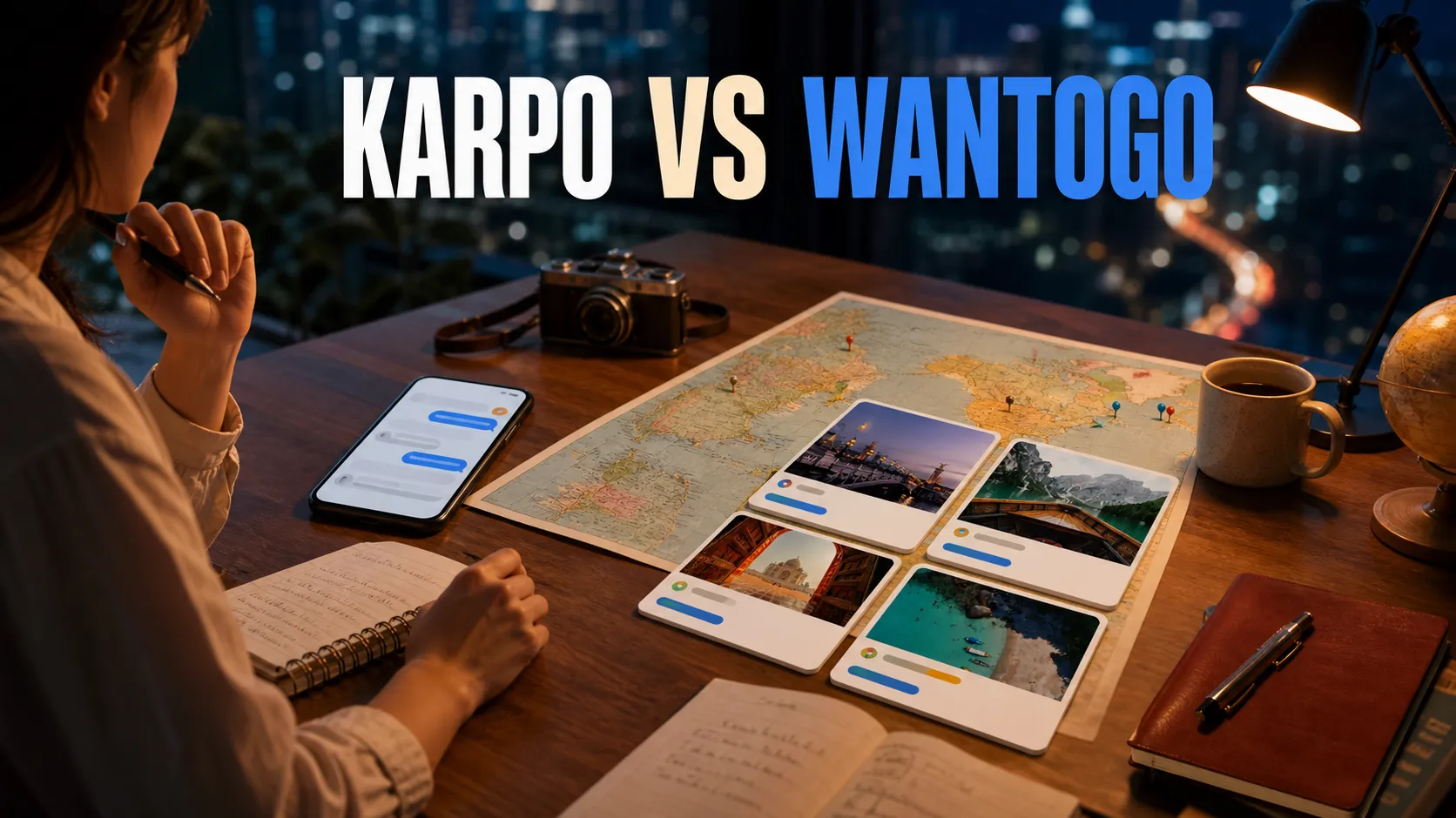 A traveler comparing two AI trip-planning approaches on a phone at night in the city