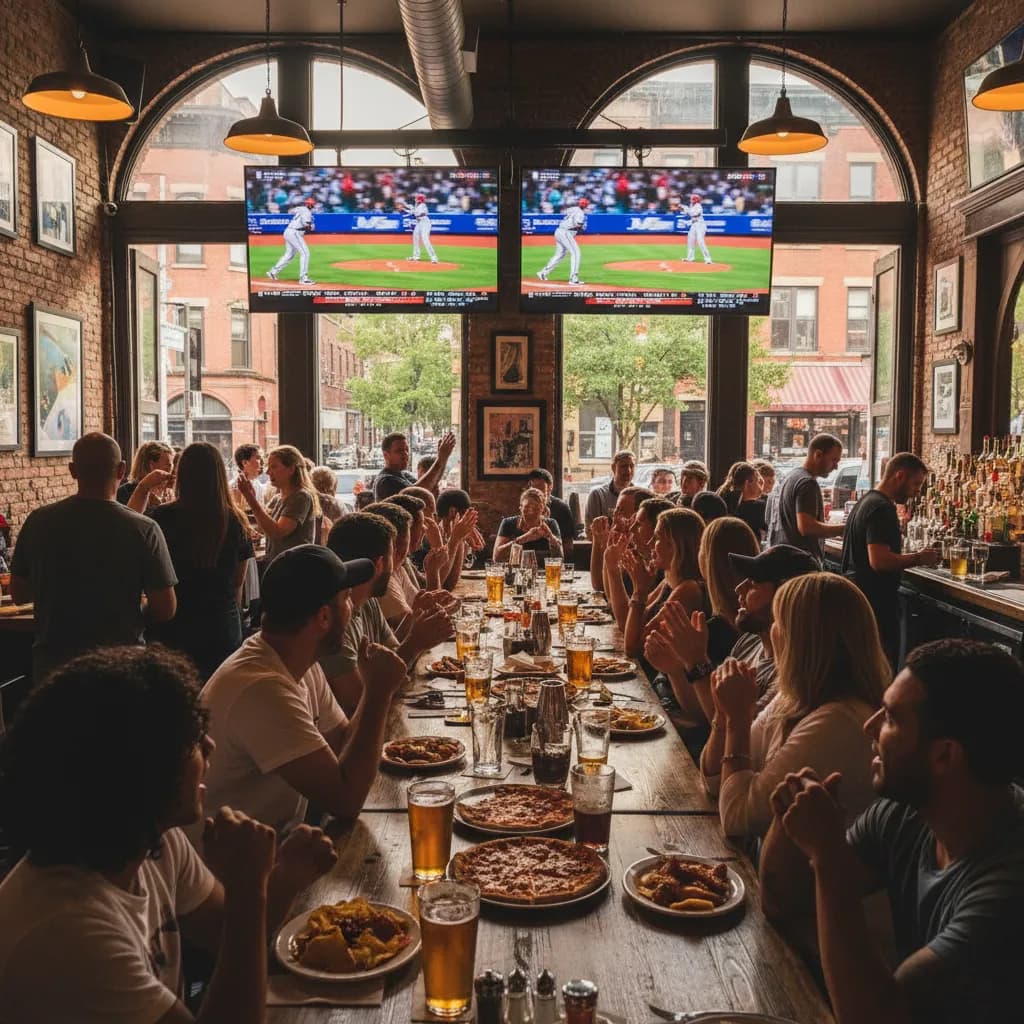 A New York sports bar watch party with baseball on large screens and groups at tables.