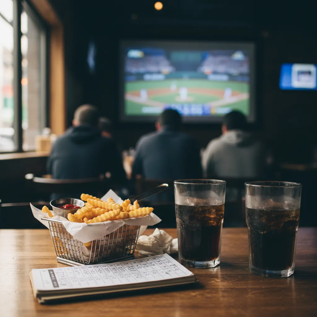 Fries, drinks, and a scorecard on a New York sports-bar table with baseball screens behind it.