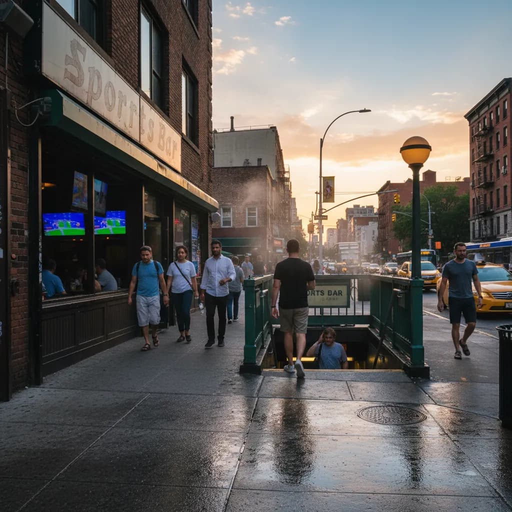 A summer evening Queens sports-bar exterior near subway stairs with people arriving for a game.