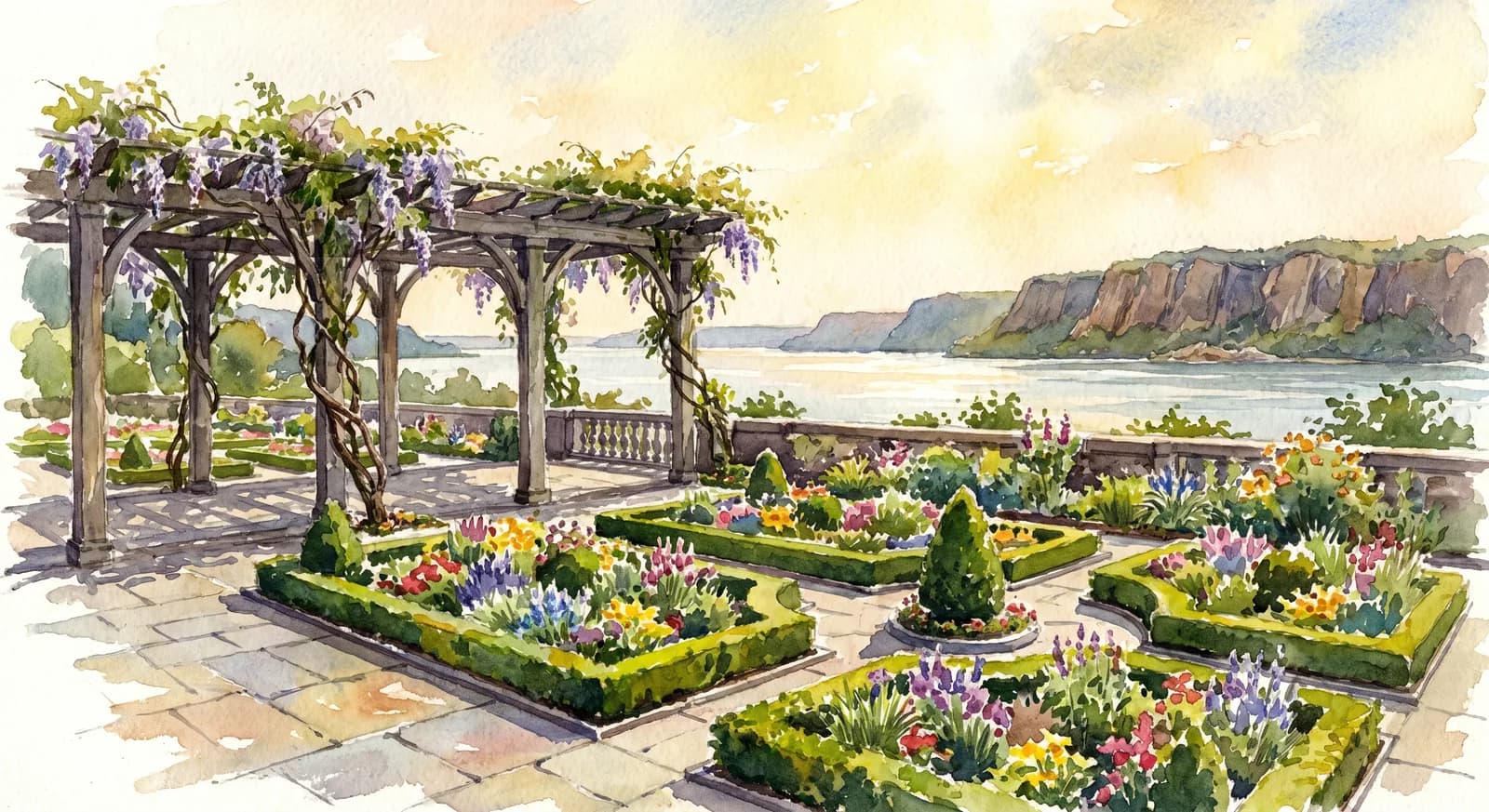 AI-generated watercolor: the formal garden terrace at Wave Hill in Riverdale Bronx overlooking the Hudson River and the New Jersey Palisades cliffs, neat parterre flowerbeds, an old pergola