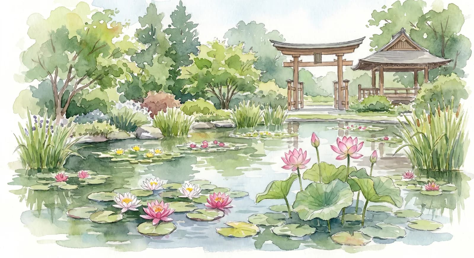 AI-generated watercolor: the Aquatic Garden pond at Wave Hill, water lilies and lotus flowers floating, summer foliage