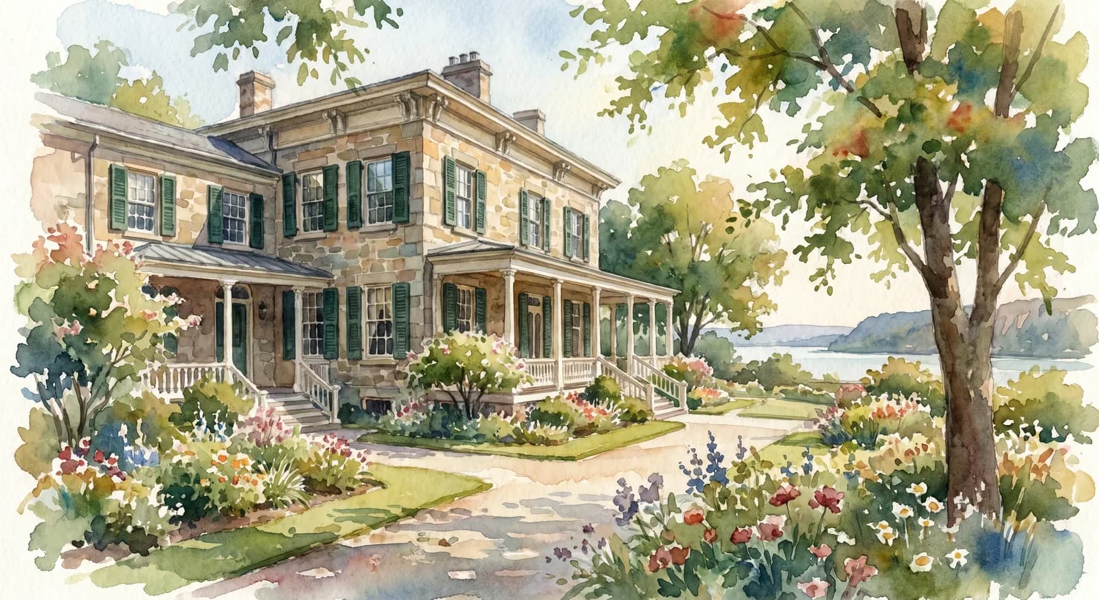 AI-generated watercolor: Wave Hill House the 1843 mansion, stone Victorian house with green shutters surrounded by landscaped gardens, summer afternoon
