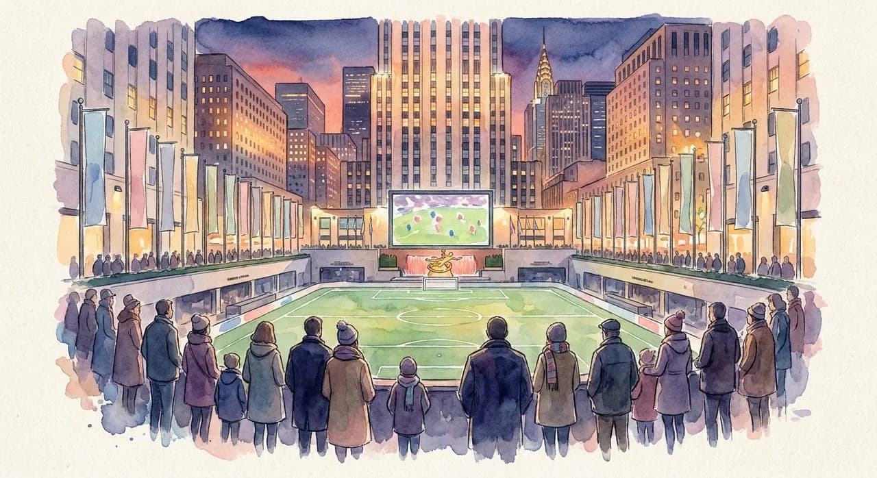 Rockefeller Center transformed into a free public World Cup Fan Village at twilight, the ice rink reimagined as a soccer pitch surrounded by giant viewing screens