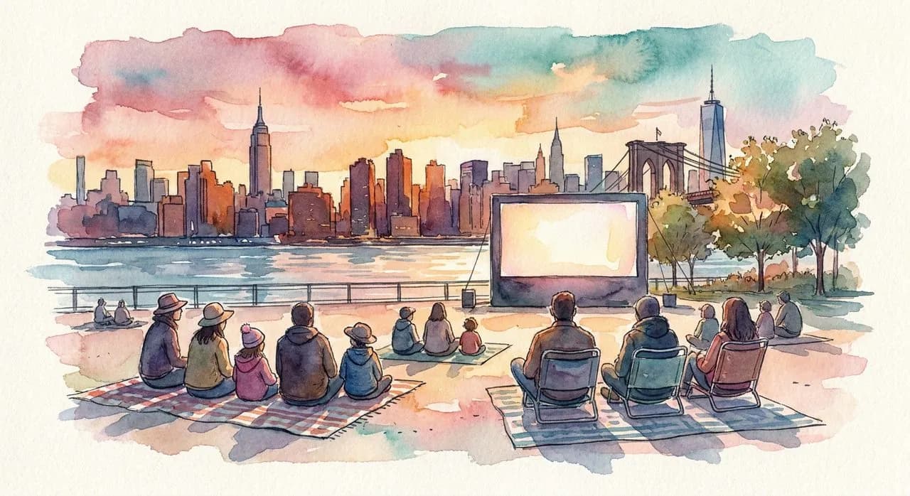 A Brooklyn waterfront park watch party at sunset with families on picnic blankets facing an outdoor viewing screen and the Manhattan skyline behind