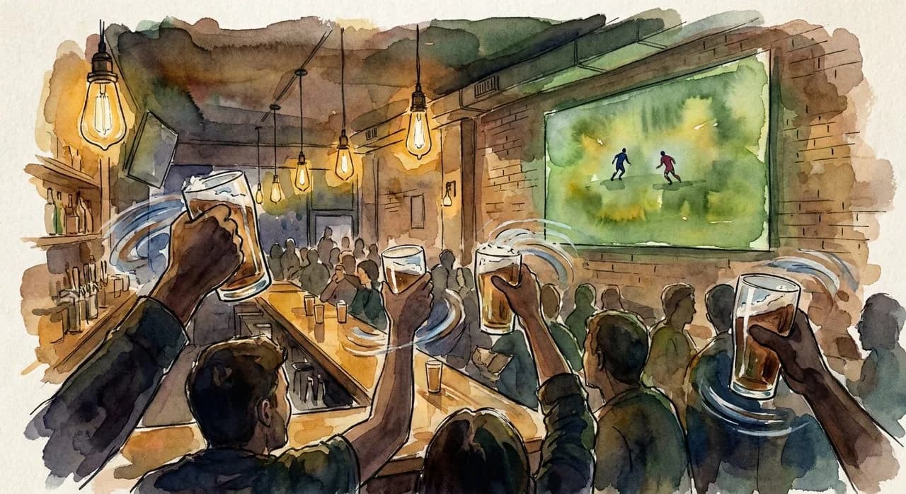 Watercolor of a packed NYC neighborhood bar at night during a World Cup match, raised glasses and warm amber light