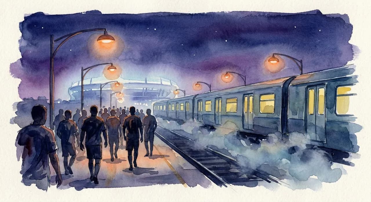 Watercolor of NJ Transit train platform at twilight after a match, silhouettes of fans heading to the train