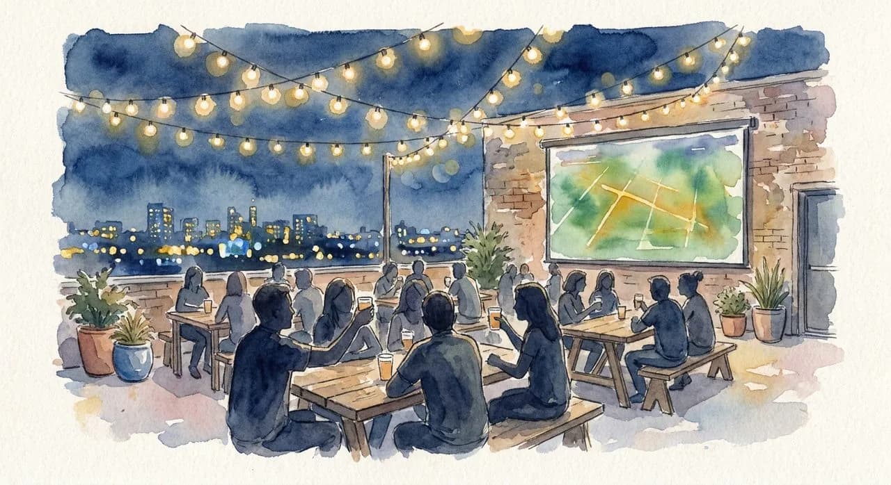 Watercolor of a Brooklyn rooftop bar at midnight with string lights and a projector screen showing a soccer pitch