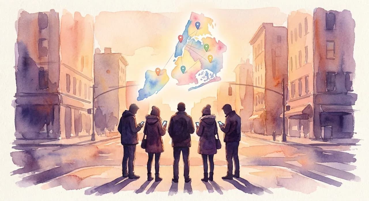 Watercolor of five friends in silhouette on a NYC street corner staring at phones, a glowing map hovering above them
