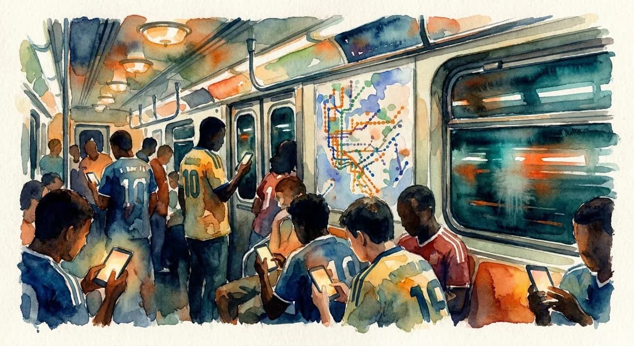 Watercolor of a generic NYC subway car interior at evening with friends gesturing at phones
