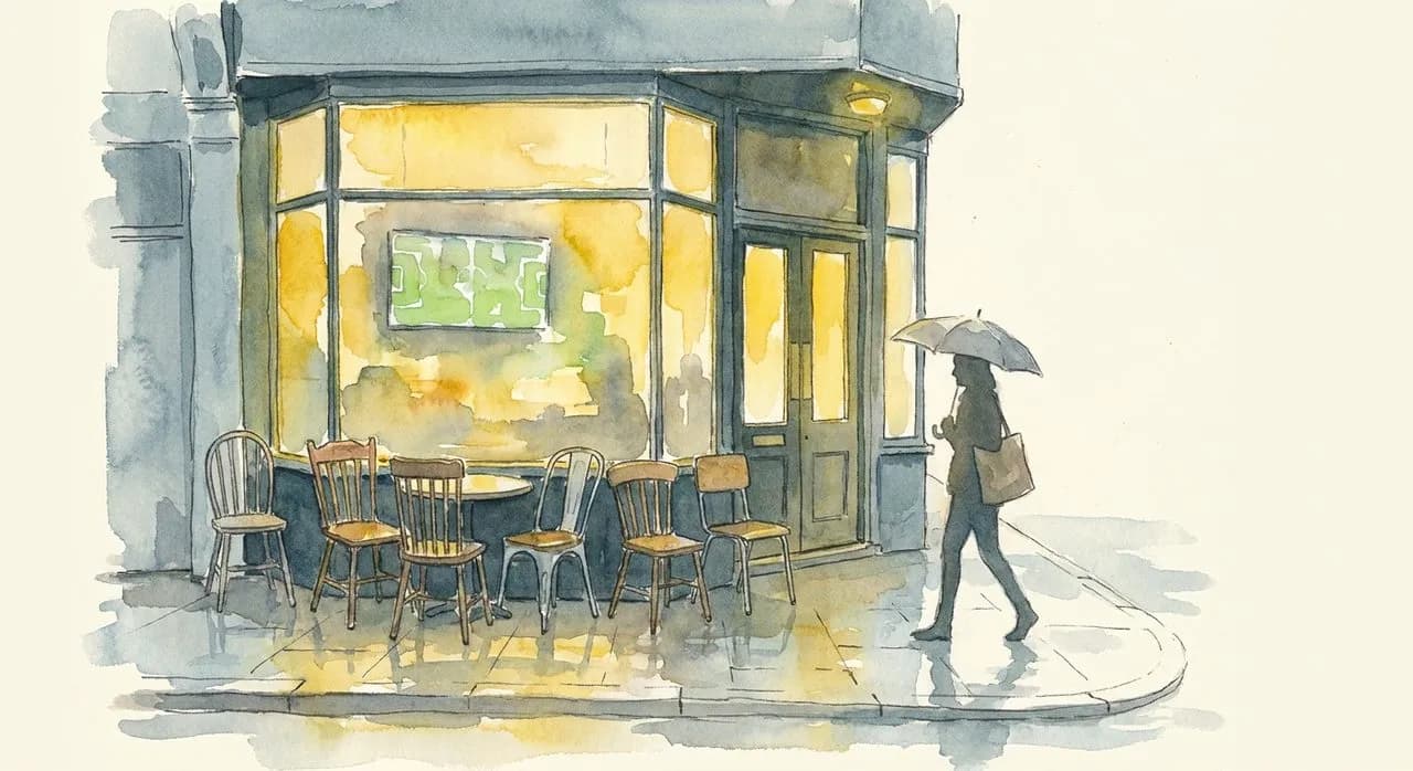 Watercolor of a small corner pub at dusk with five mismatched chairs around a table near the window