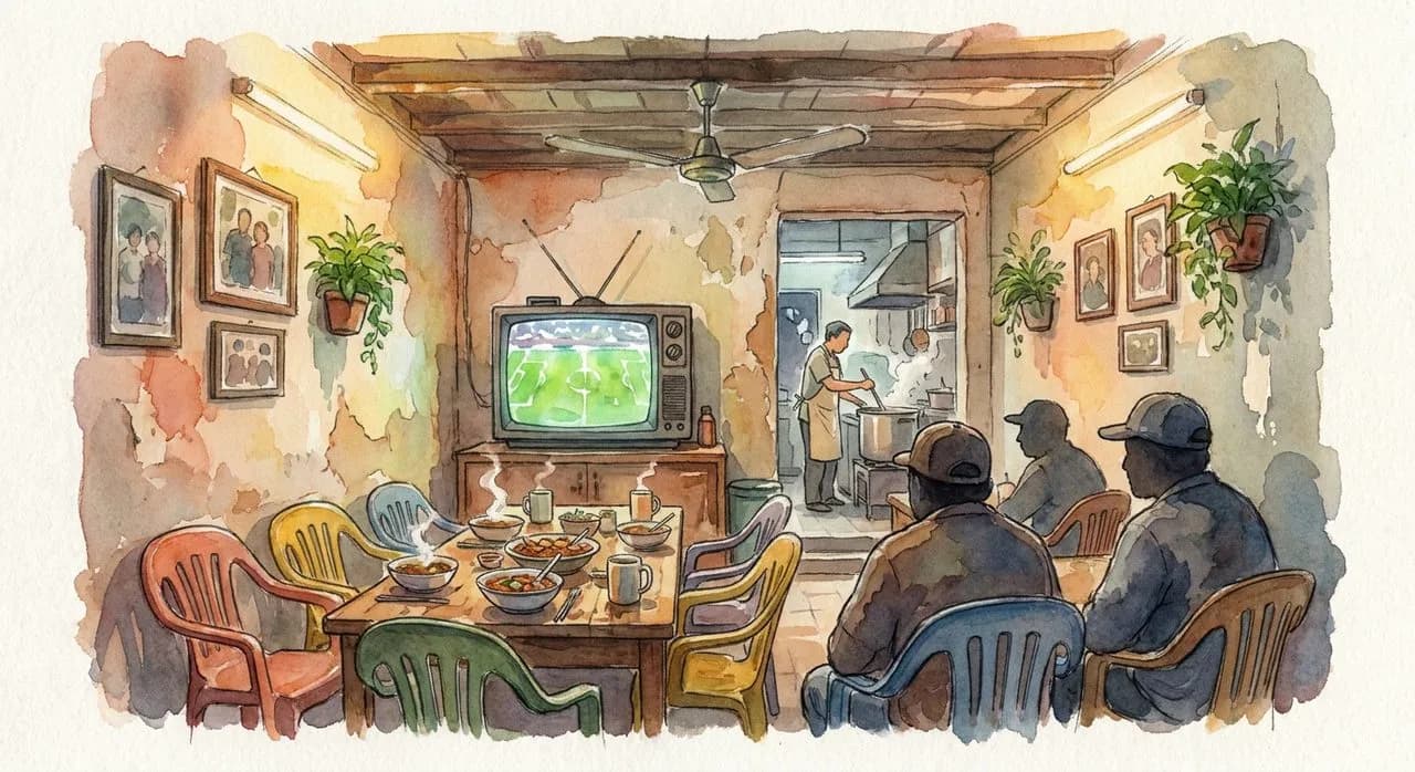Watercolor of a hidden back-room watch party in a small Brooklyn ethnic restaurant with mismatched chairs and a wall TV