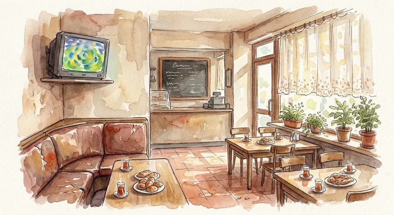 Watercolor of a small Queens diaspora cafe in afternoon light with a TV mounted overhead