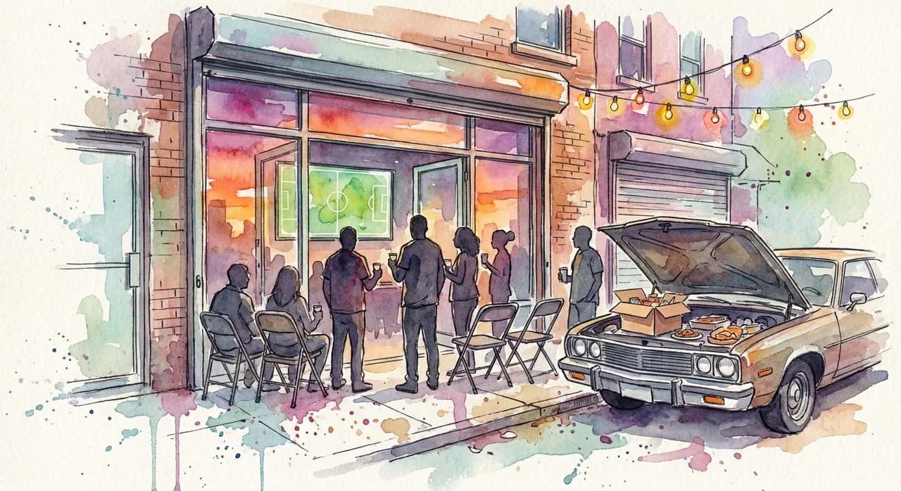 Watercolor of a Bronx storefront watch party spilling onto the sidewalk at sunset with foldable chairs
