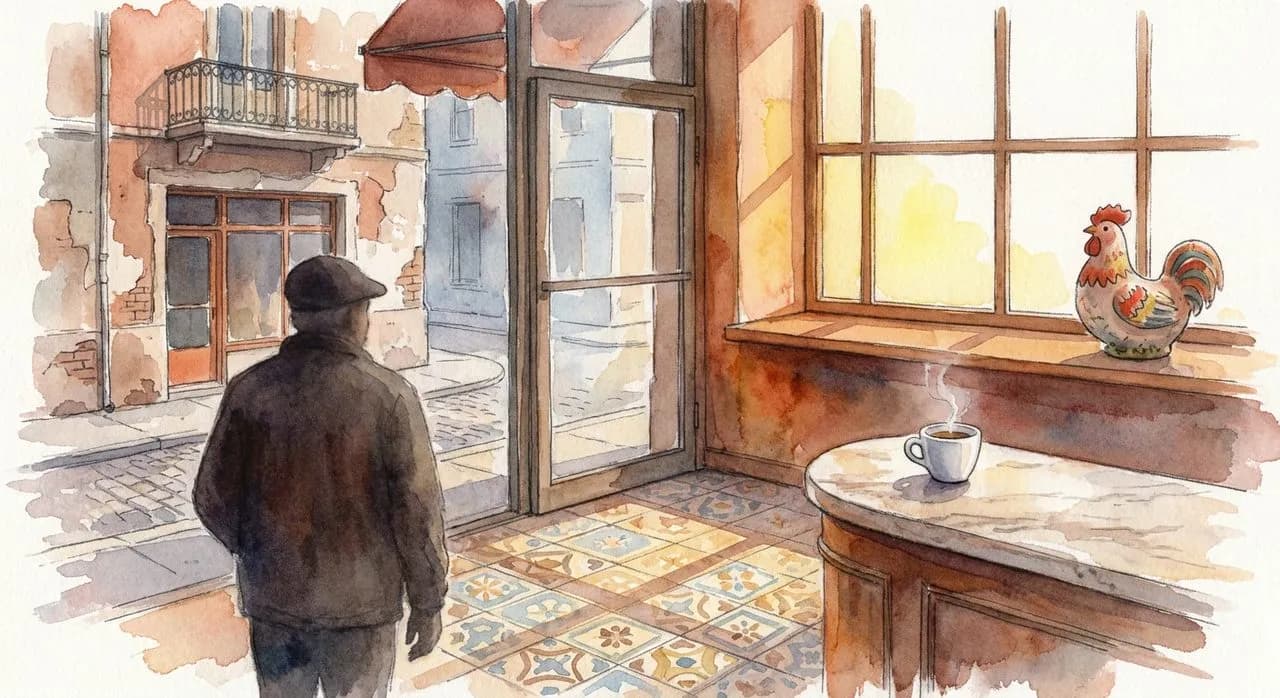 Watercolor of a quiet Ironbound Portuguese cafe at sunrise, a single espresso cup steaming by the window