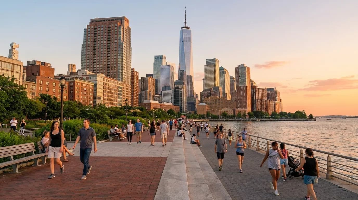 Pedestrians walking south along Hudson River Park at sunset.