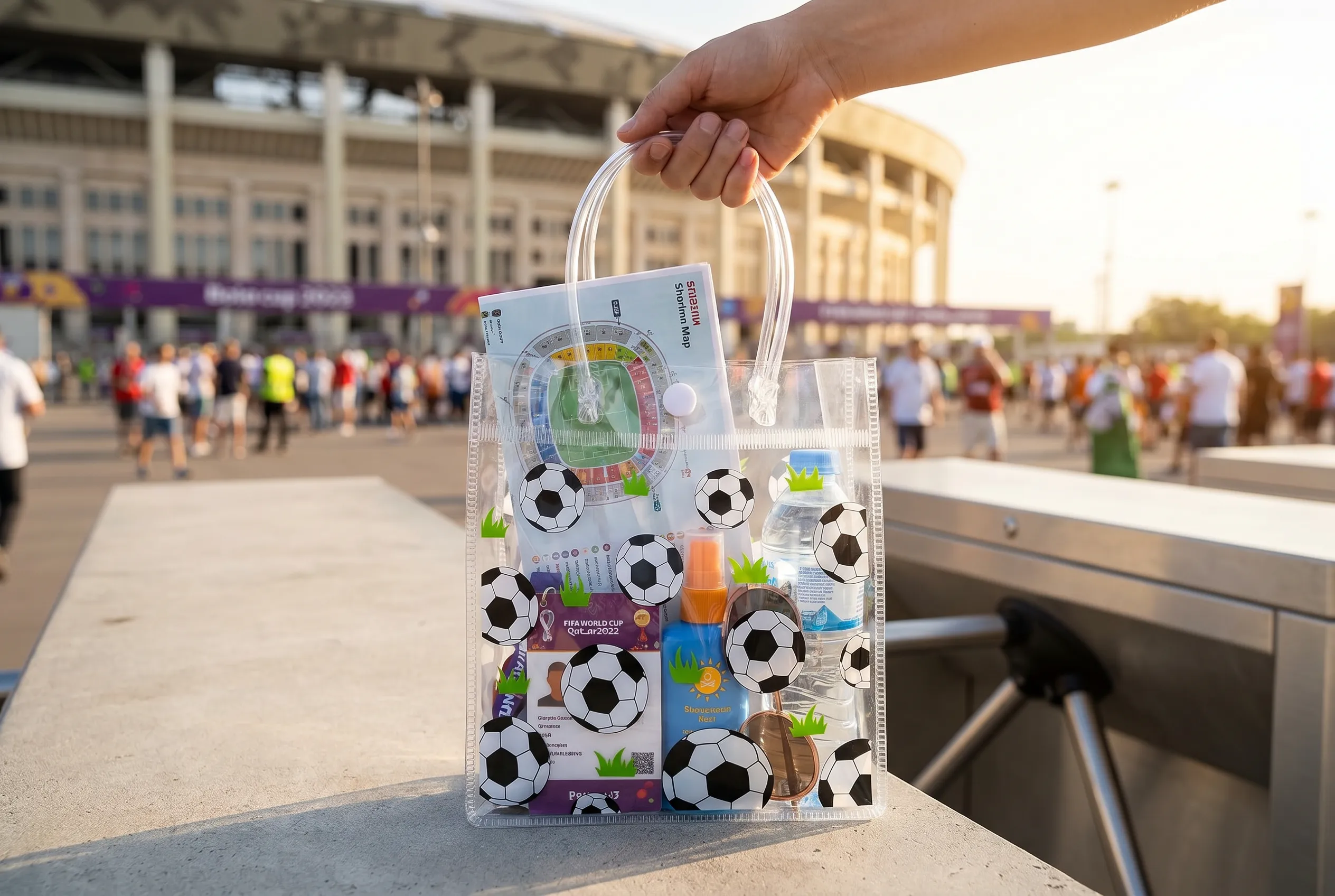 A bright practical scene for what fans can bring into world cup stadiums.