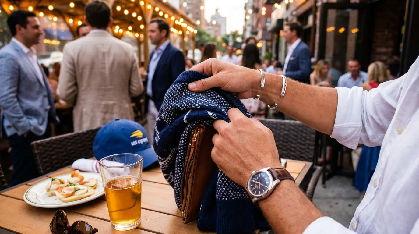 Photorealistic tennis scene illustrating What to Wear to US Open Night Matches.