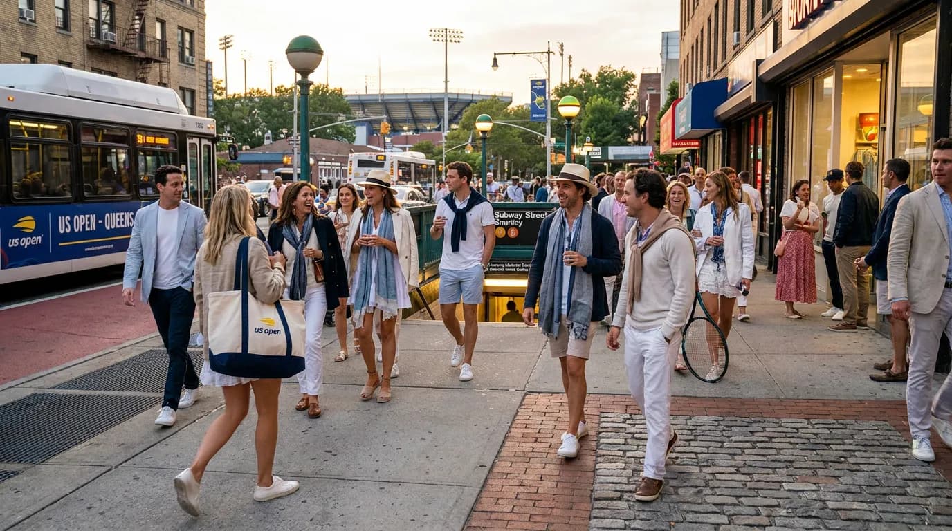 Bright US Open tennis atmosphere illustrating What to Wear to US Open Night Matches.