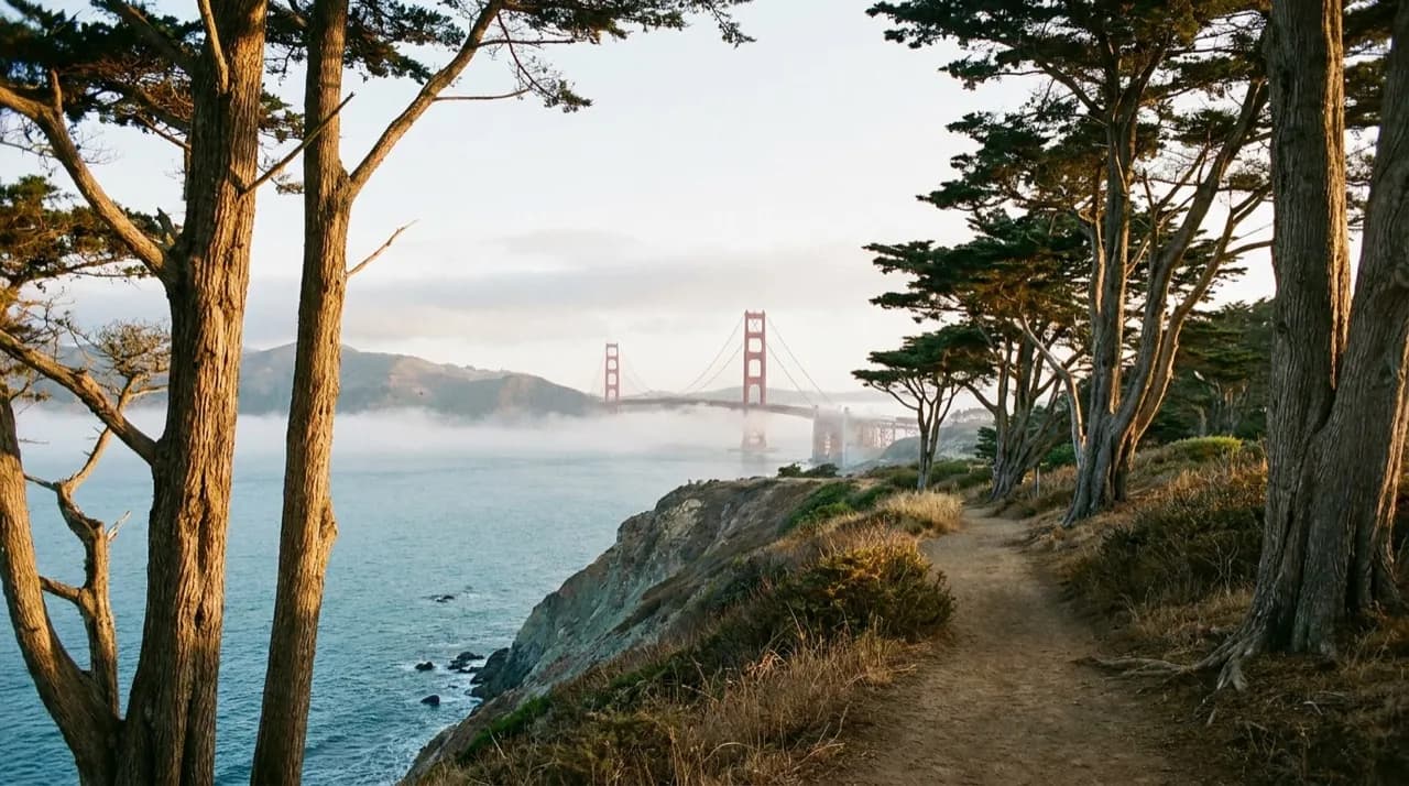 Lands End coastal trail winding along San Francisco cliffs with Pacific Ocean views and cypress trees