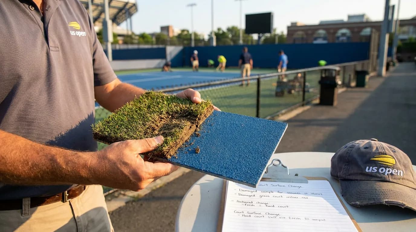 Photorealistic tennis scene illustrating Why the US Open Moved to Hard Courts.