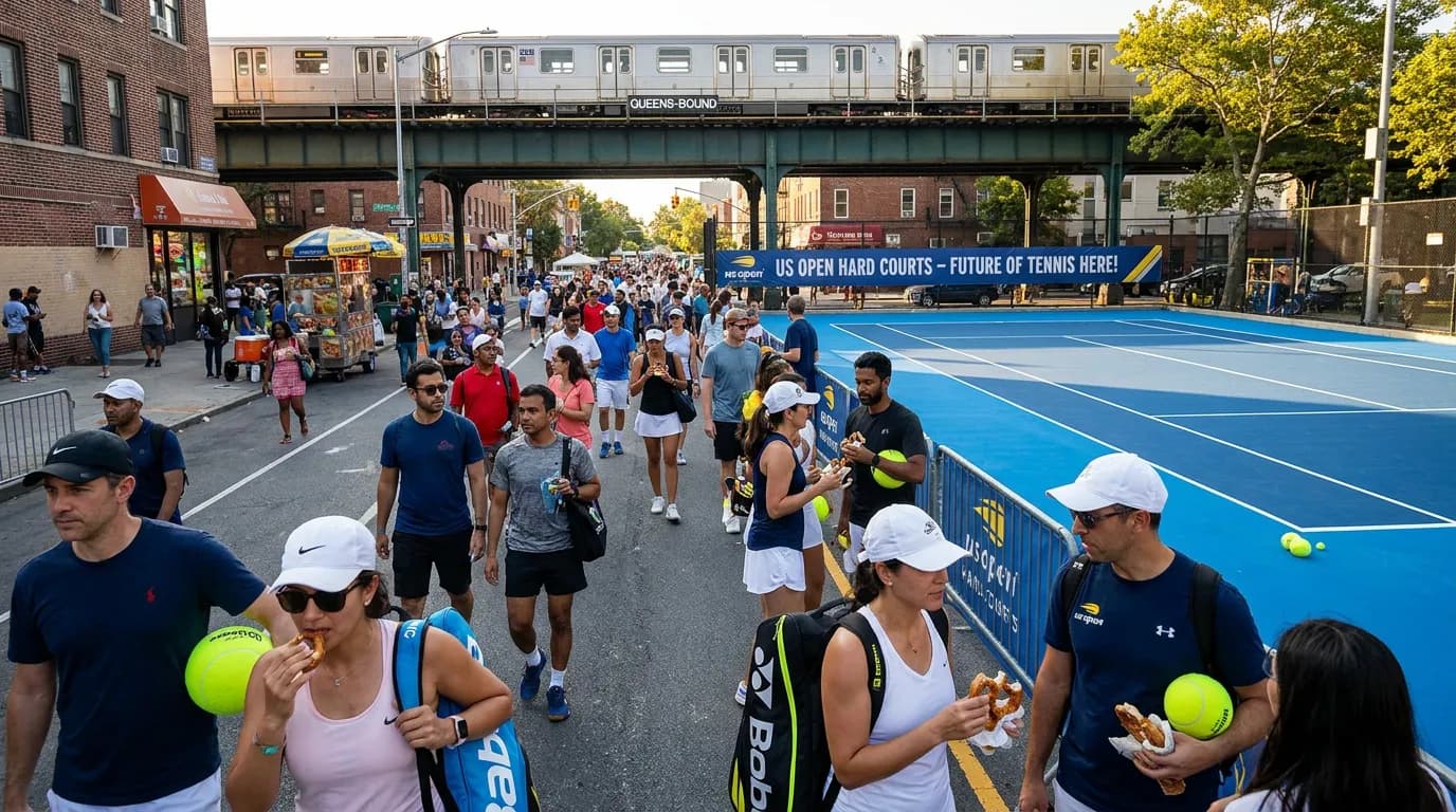 Bright US Open tennis atmosphere illustrating Why the US Open Moved to Hard Courts.