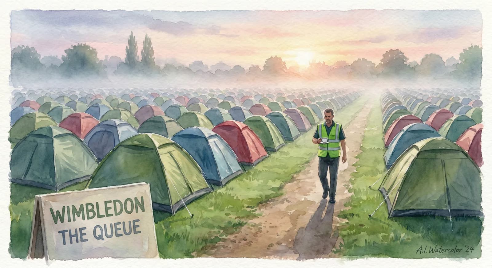AI-generated watercolor: the famous Wimbledon Queue at dawn in Wimbledon Park London, hundreds of small tents in a grid on a green field, early morning mist, a steward in a green vest walking the line
