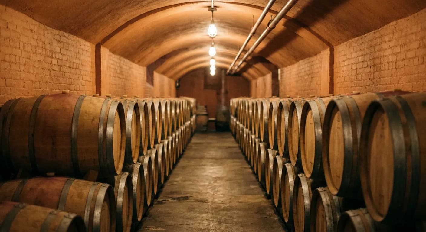 Rows of oak barrels inside a warm urban winery cellar