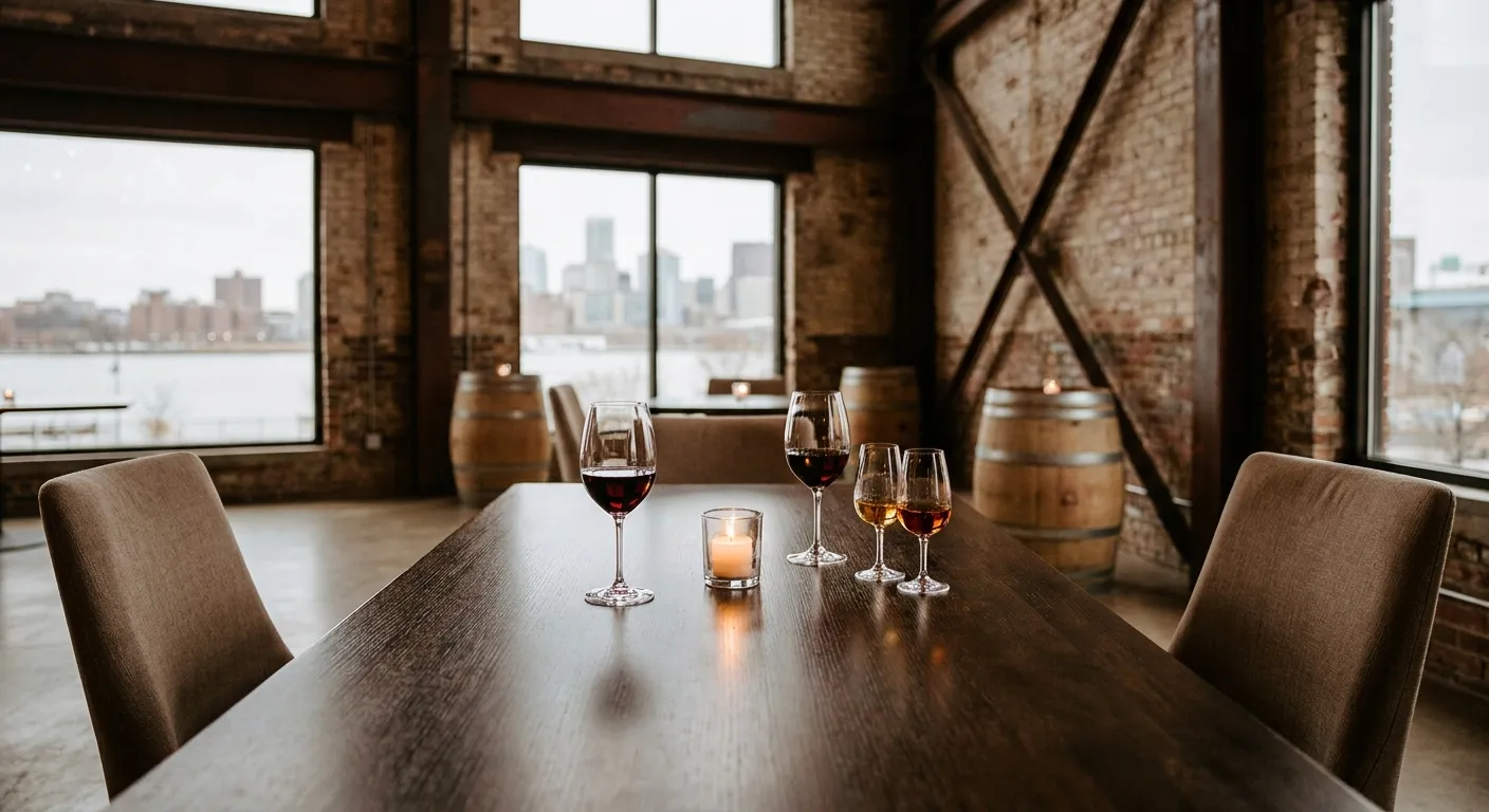 Two wine glasses and a tasting flight on an intimate date-night table
