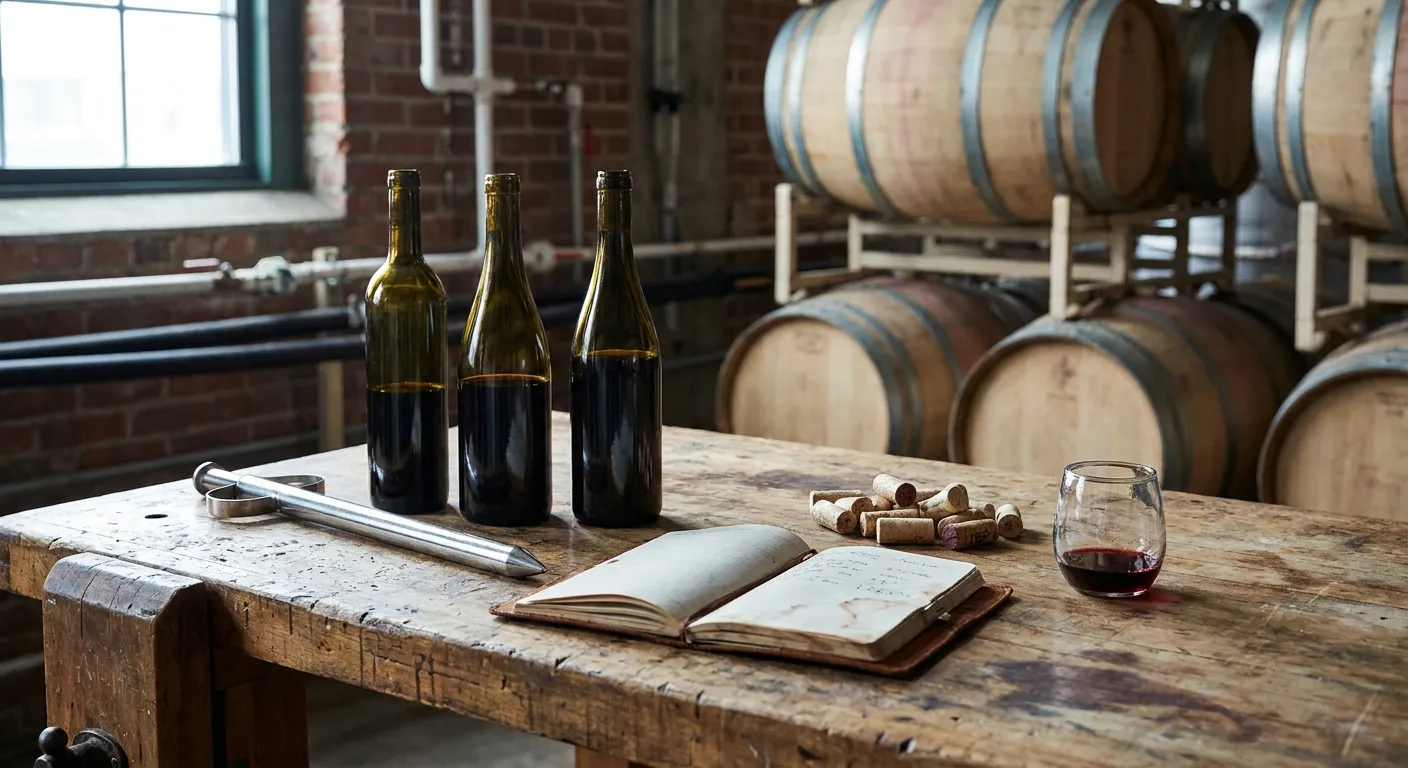 Winemaking tools, bottles, corks, and a notebook on a production workbench
