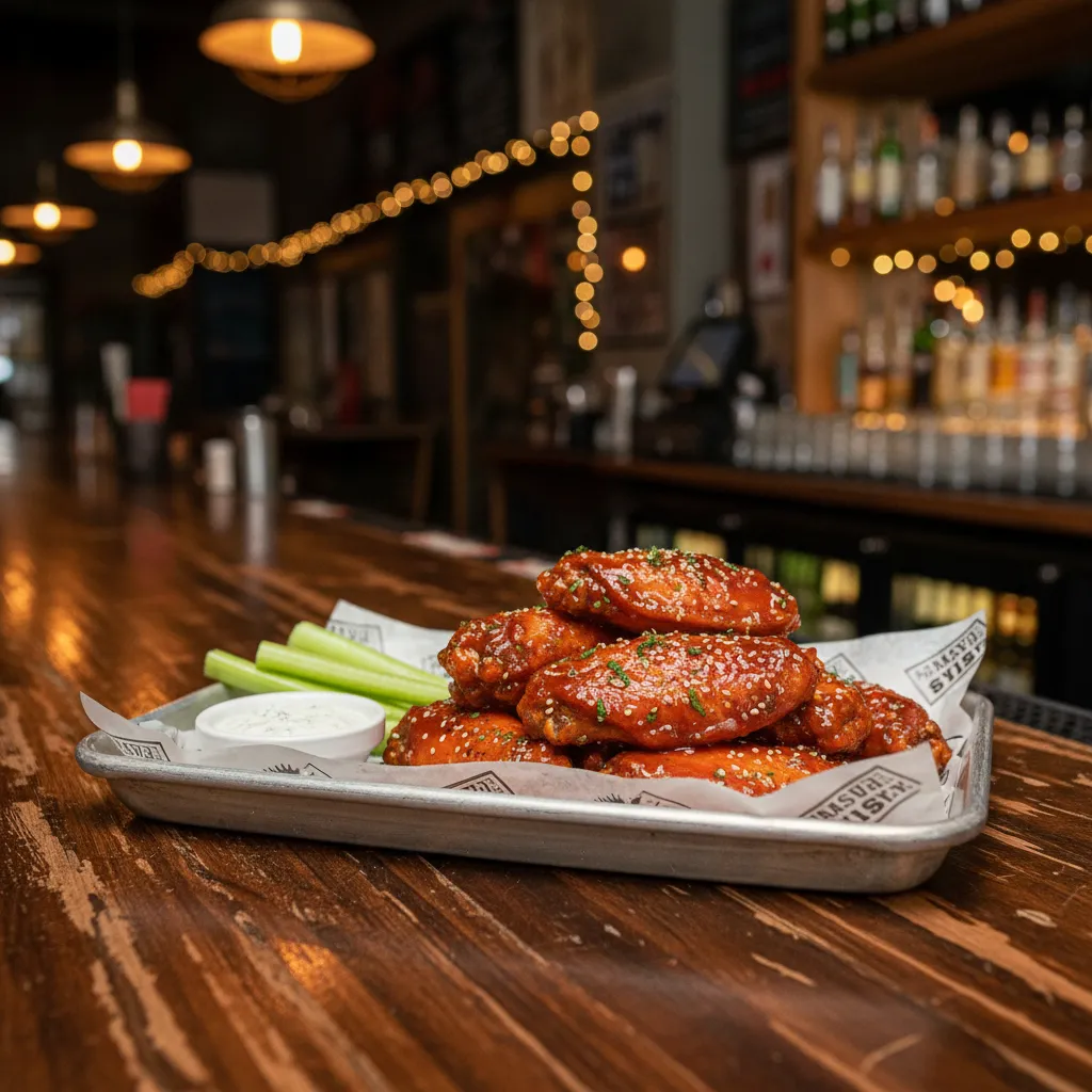 Sauced chicken wings on a metal tray at a warm New York bar counter.