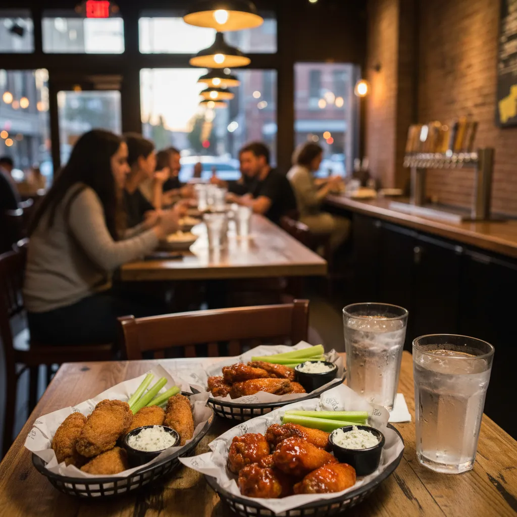 Chicken wings, celery, and water glasses on a small table inside a New York neighborhood bar.