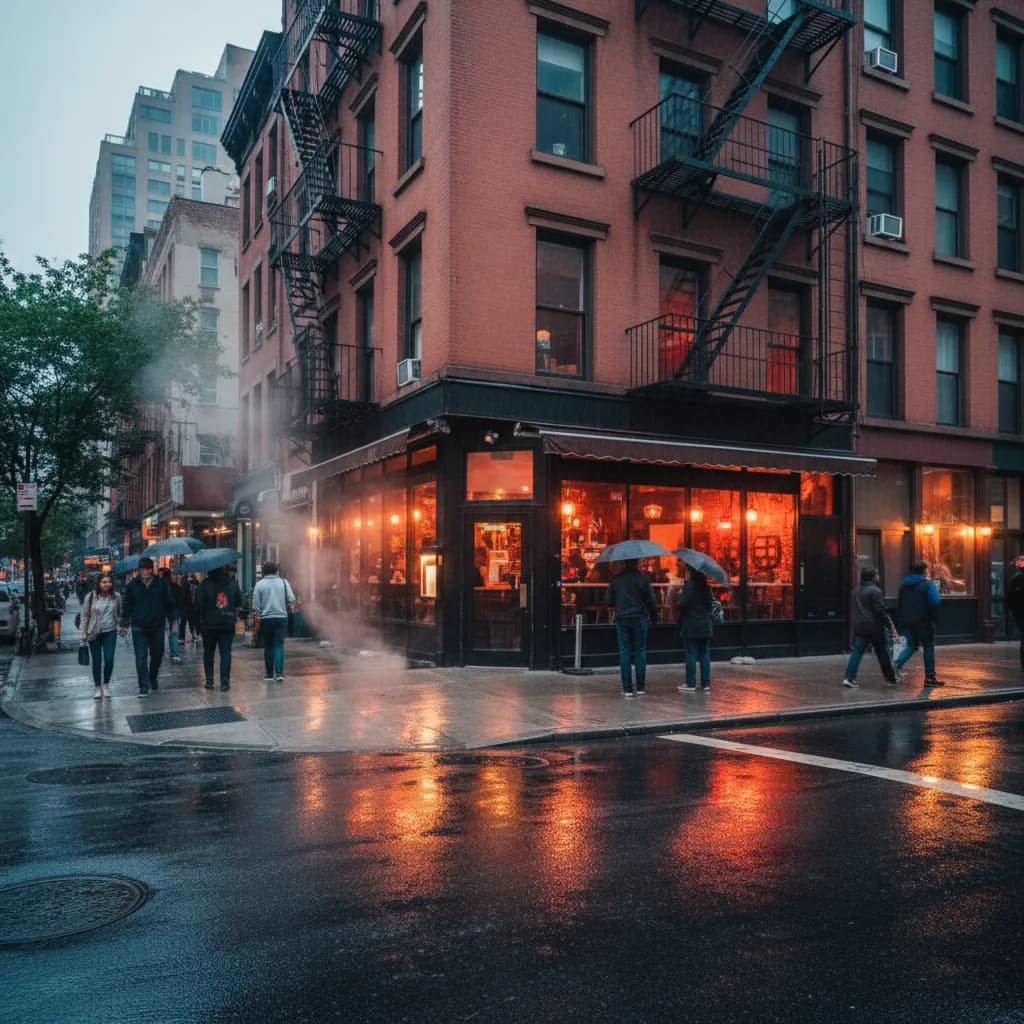 A rainy New York corner restaurant glowing at dusk with people arriving for dinner.